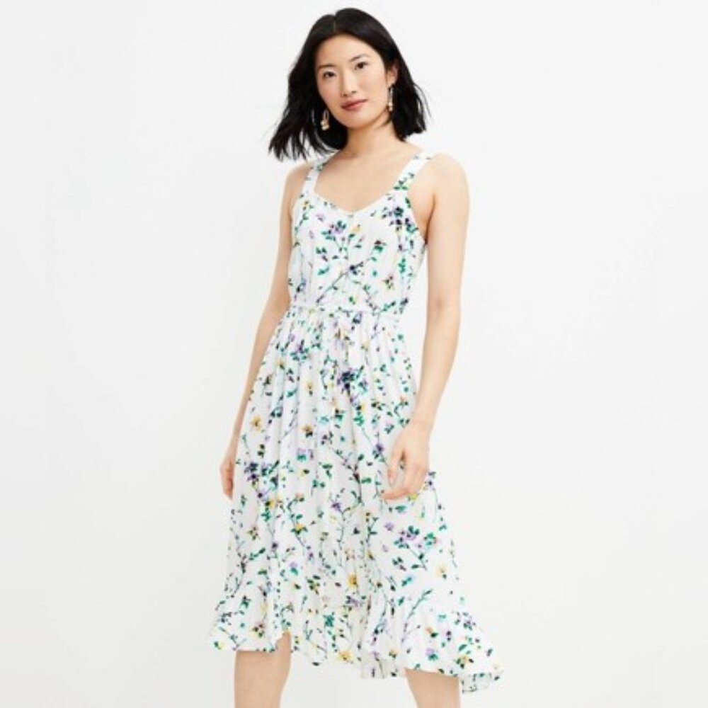 LOFT Floral Tie Waist Midi Dress SIZE 14